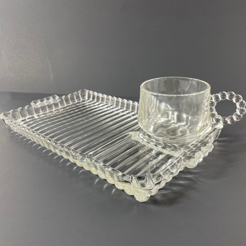 Vintage Glass Snack Set Tray and Cup Clear Beaded Bubble Handle Ribbed MCM
